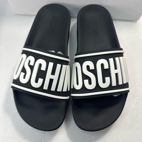 New Authentic Moschino Logo Platform Slide Sandals Black /White